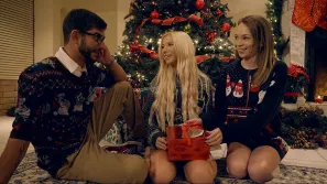 Home Christmas Orgy. The guy fucks his stepsister and her girlfriend